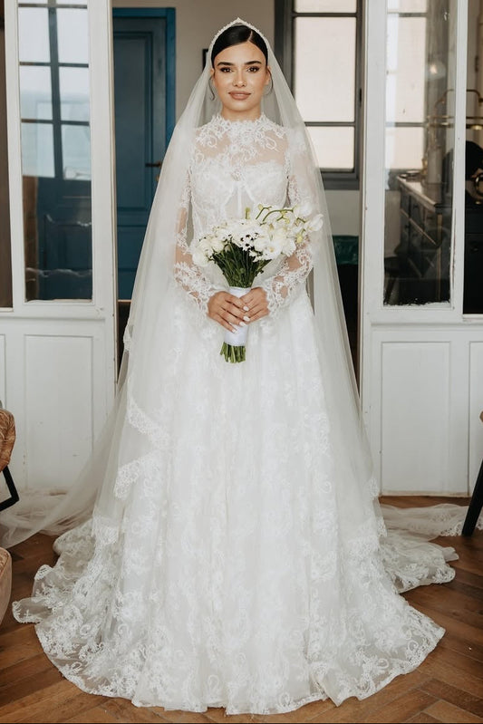 High Neck Lace A-Line Wedding Dress