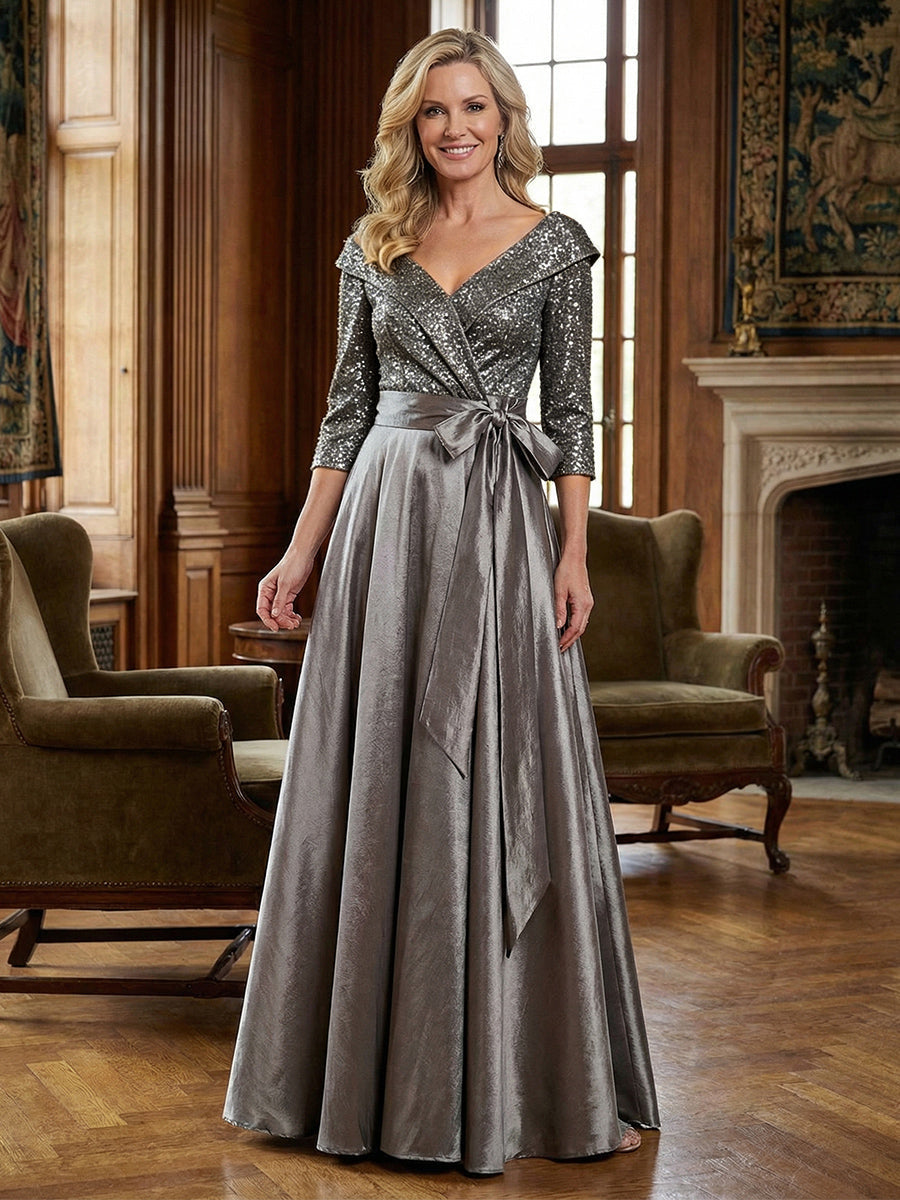 Sequin A-Line Evening Gown with 3/4 Sleeves and Sash