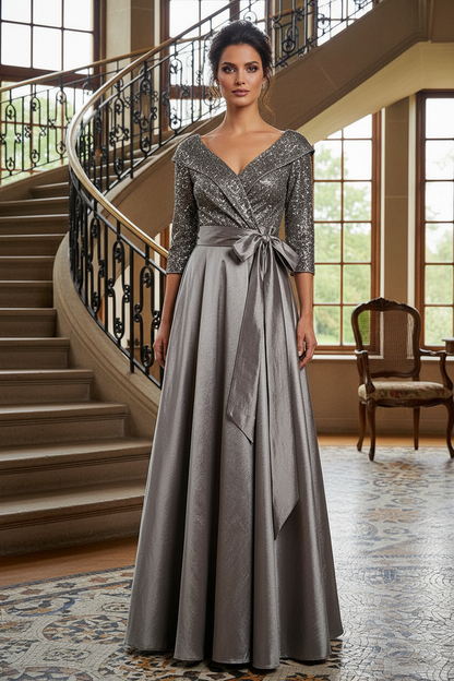 Sequin A-Line Evening Gown with 3/4 Sleeves and Sash