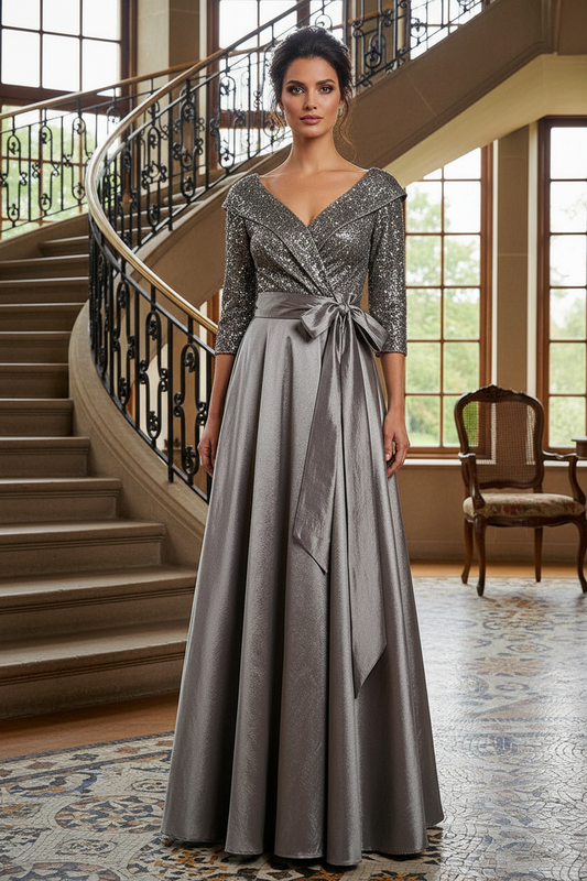 Sequin A-Line Evening Gown with 3/4 Sleeves and Sash