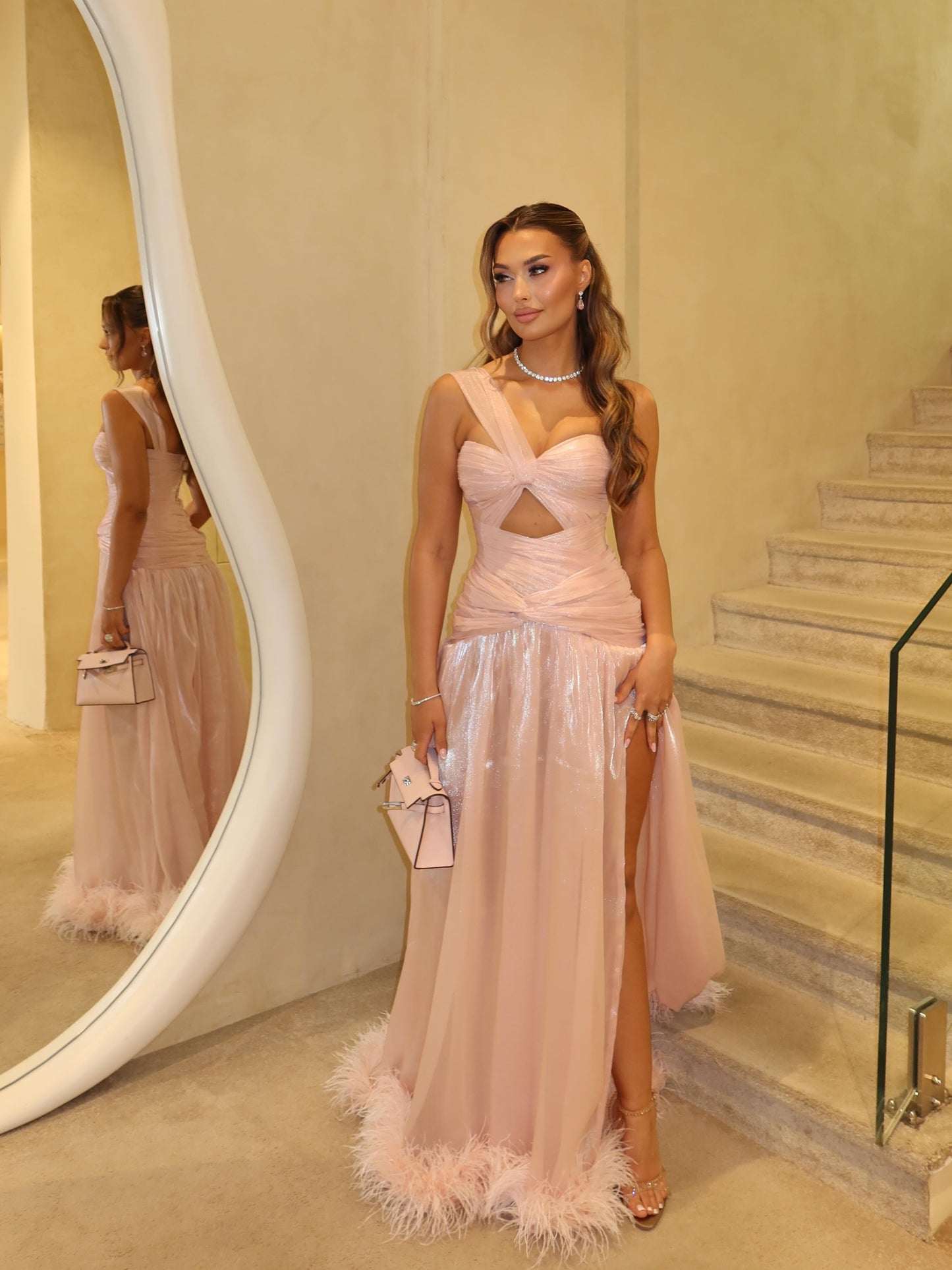 One-Shoulder Cutout Evening Gown with Feather Hem