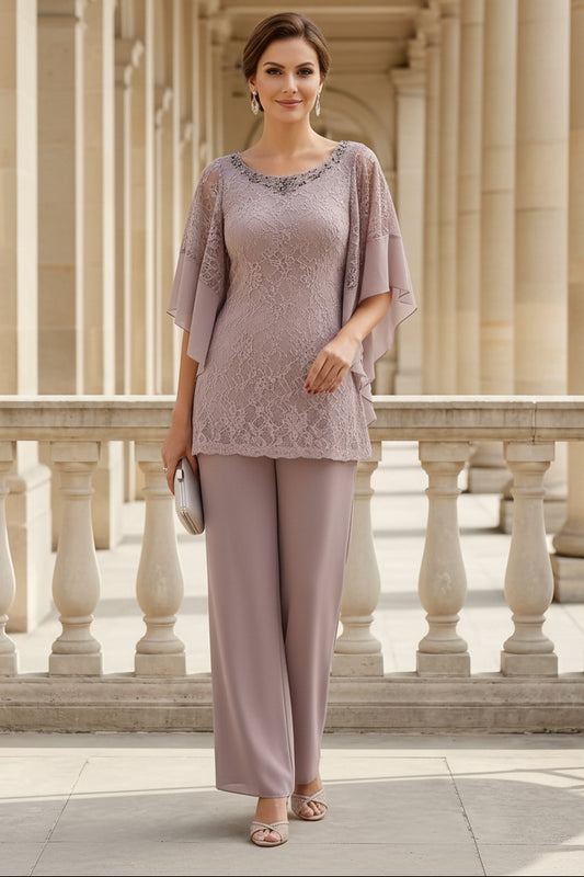 Elegant Lace & Chiffon Cape Sleeve Mother of the Bride Pantsuit with Beaded Neckline