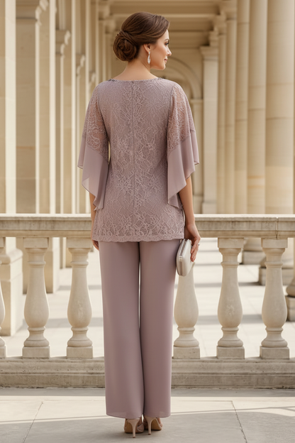 Elegant Lace & Chiffon Cape Sleeve Mother of the Bride Pantsuit with Beaded Neckline