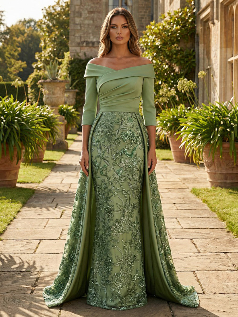 Off-the-Shoulder Embroidered Gown with Overskirt