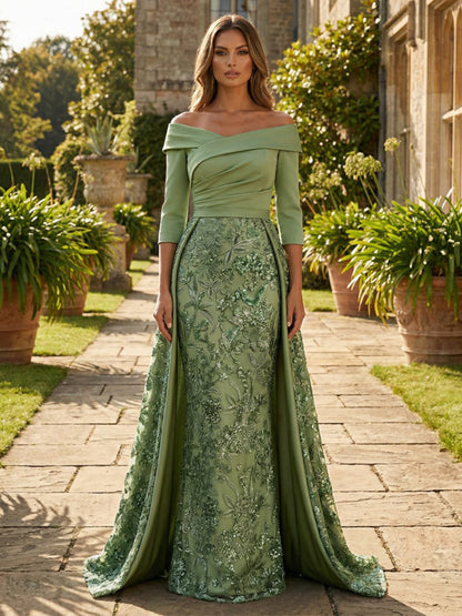 Off-the-Shoulder Embroidered Gown with Overskirt