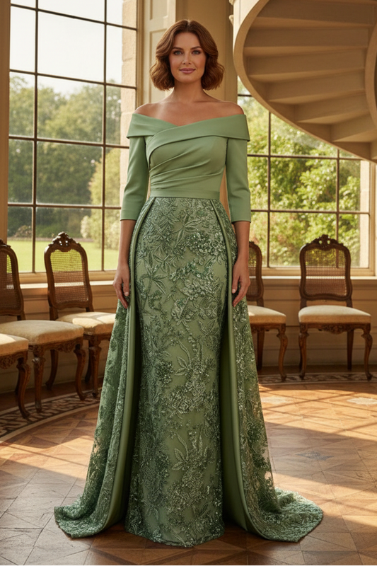 Off-the-Shoulder Embroidered Gown with Overskirt