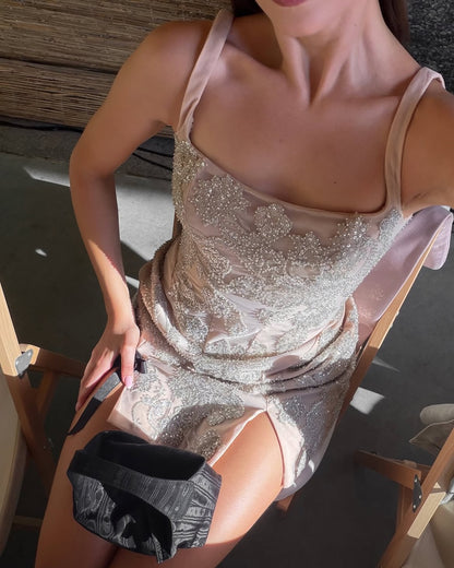 Beaded Lace Square Neck Cocktail Mini Dress