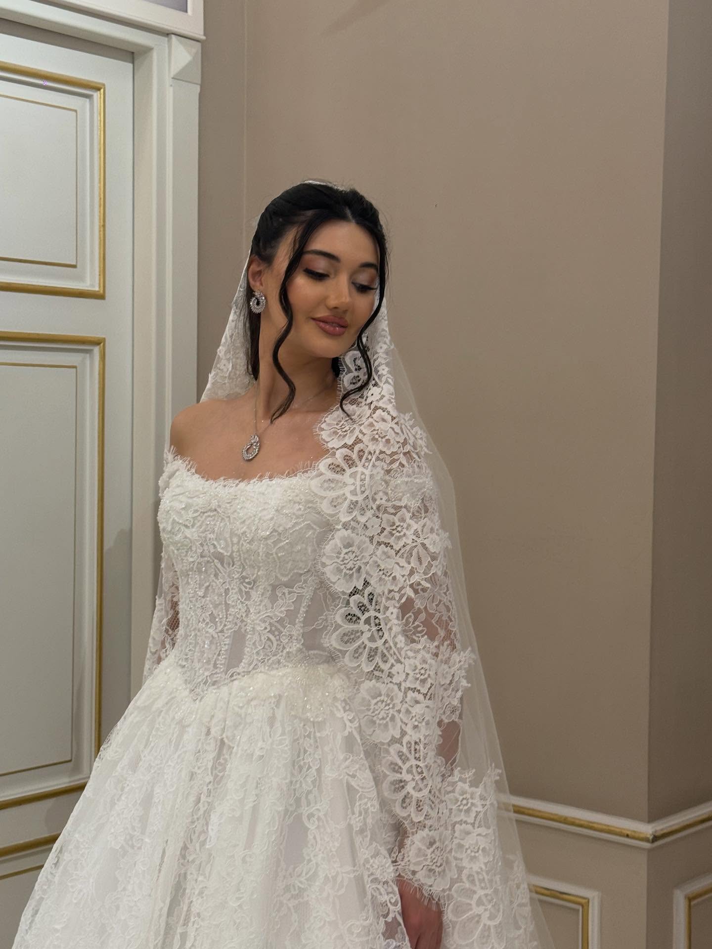 Off-the-Shoulder Lace Long Sleeve Ball Gown Wedding Dress