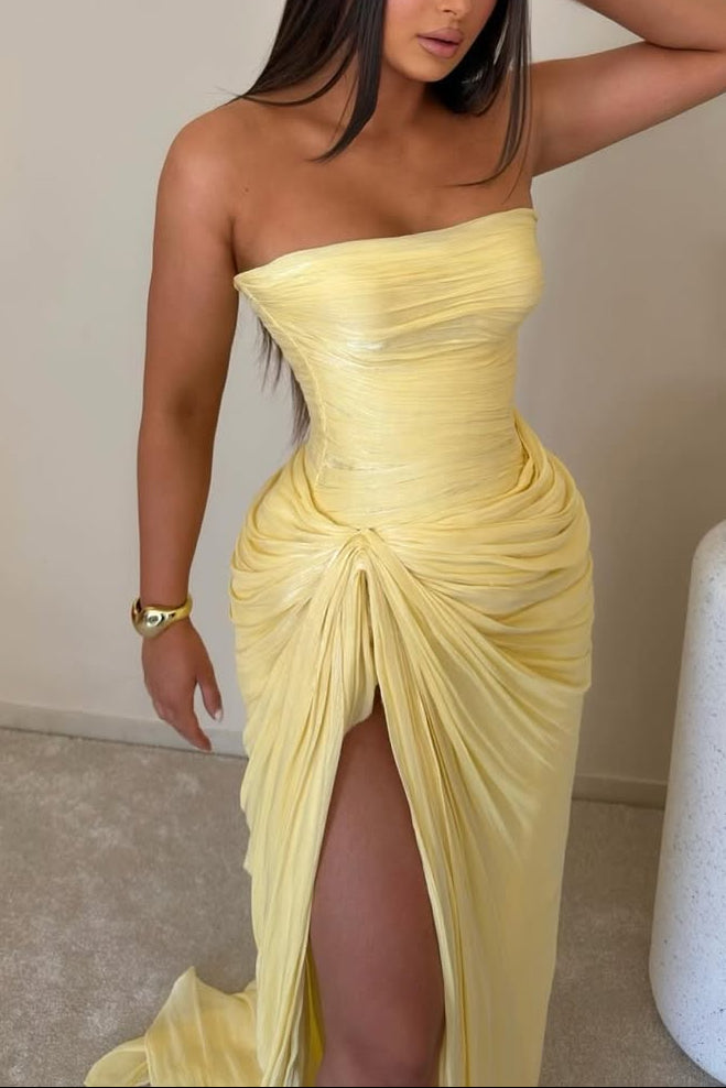 Strapless Ruched High Slit Evening Gown