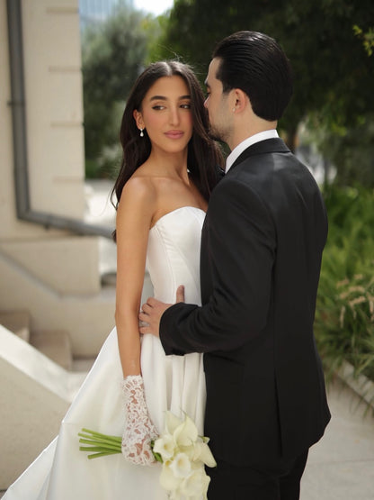 Strapless Basq-Waist Satin Ball Gown Wedding Dress