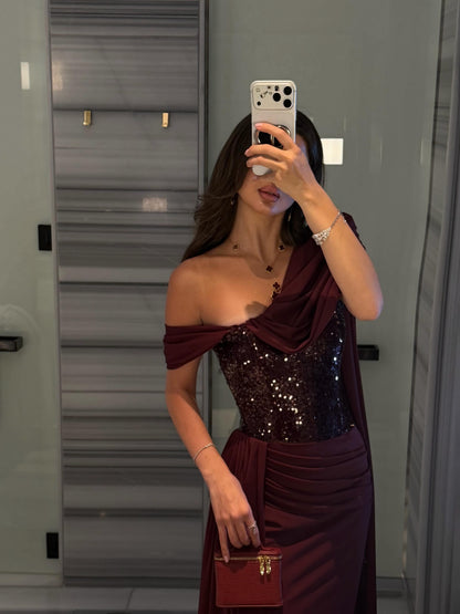 Asymmetrical Sequin Corset Cape Evening Gown