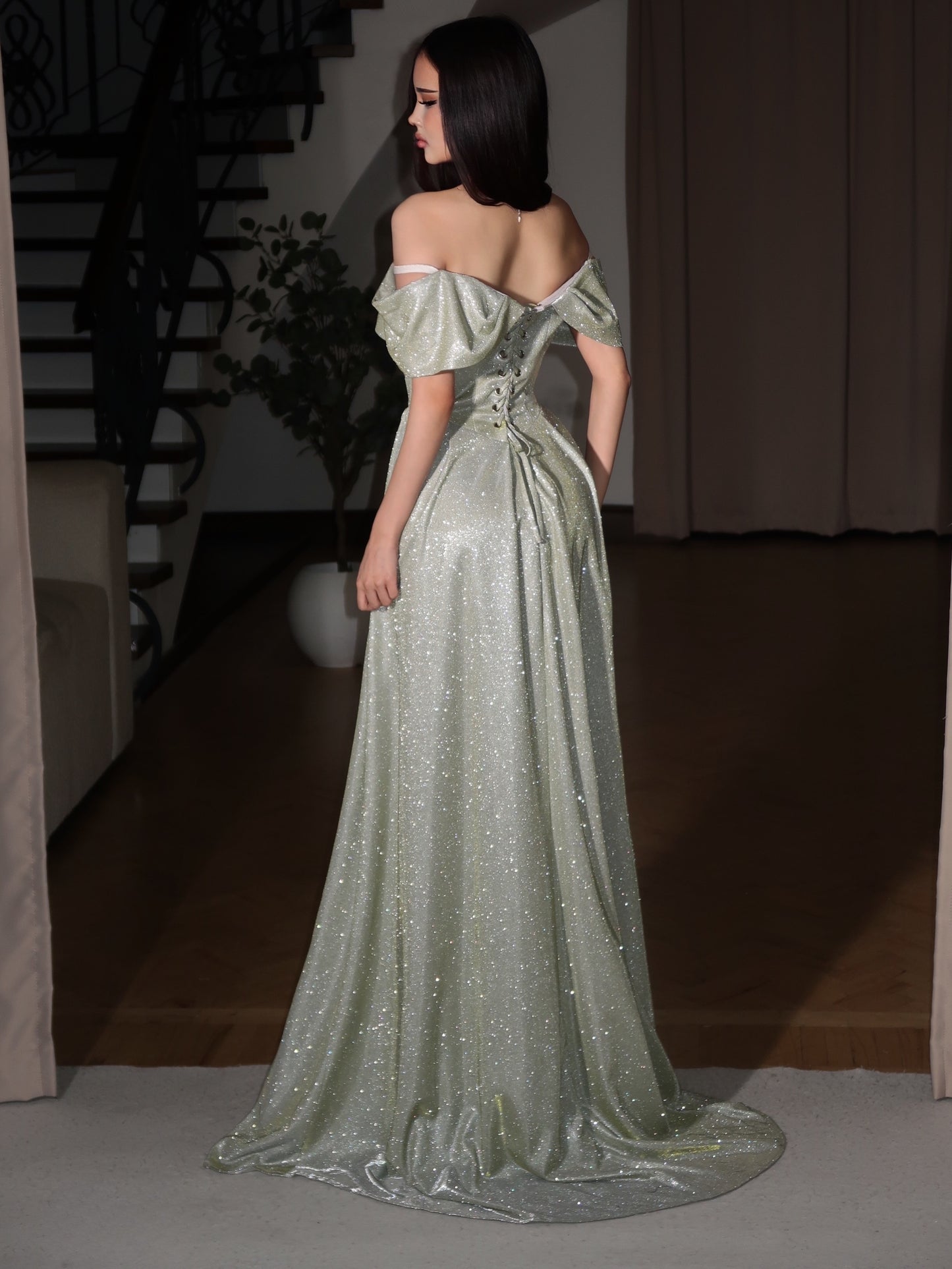 Off-The-Shoulder Corset Glitter Evening Gown