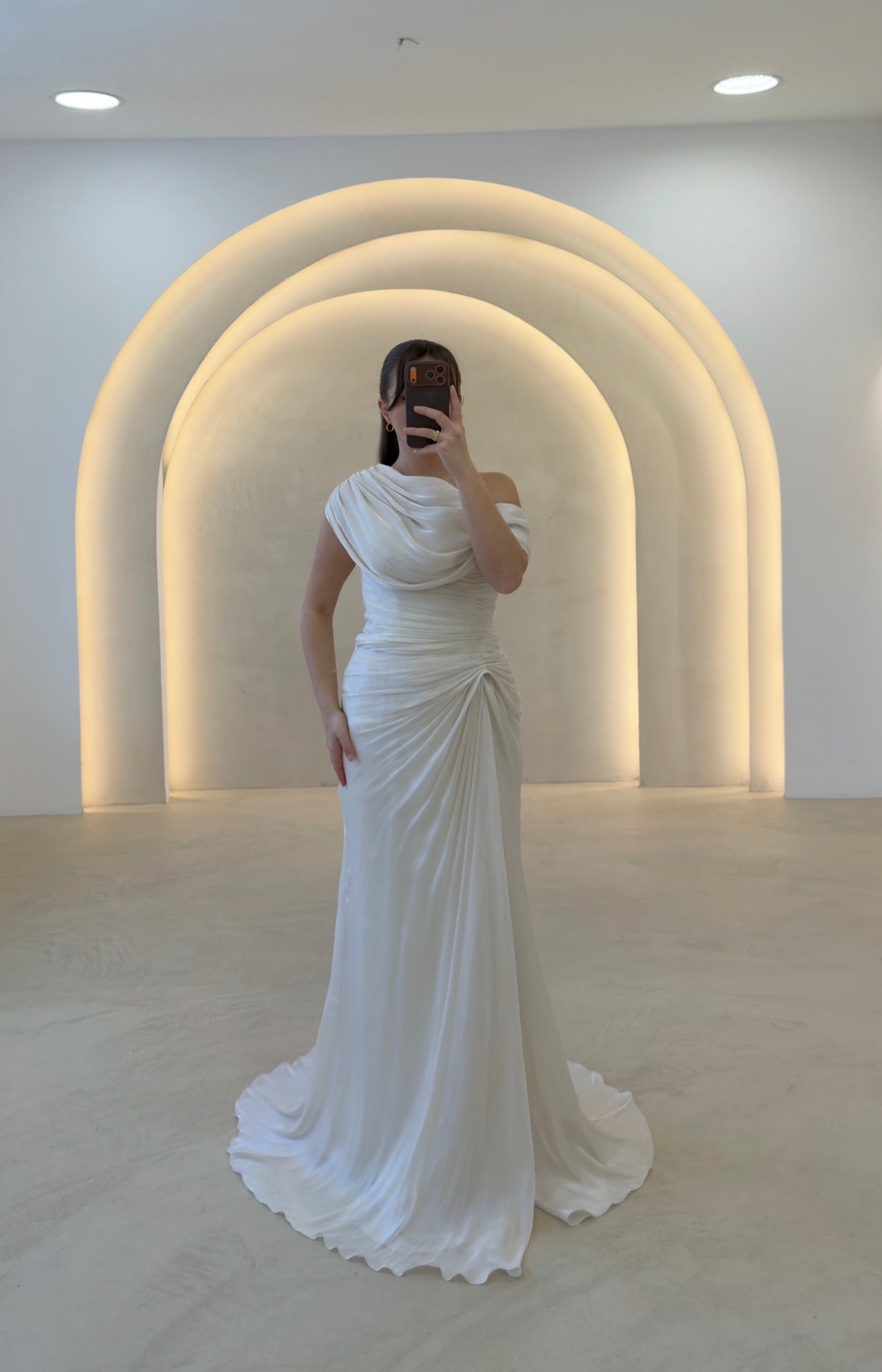 Draped One-Shoulder Column Evening Dress