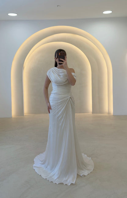Draped One-Shoulder Column Evening Dress