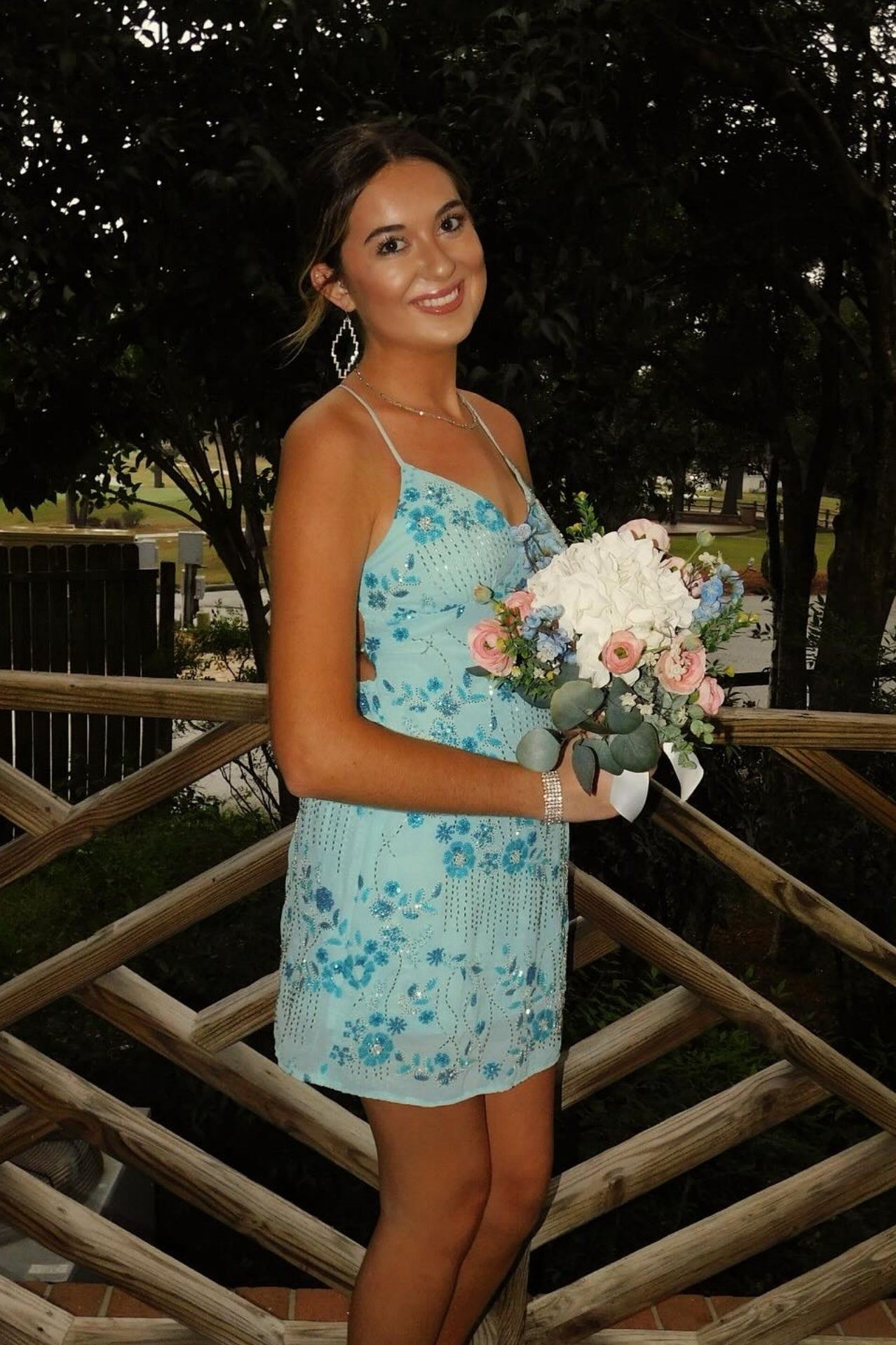 Sequined Floral Beaded Mini Dress with Lace-Up Back