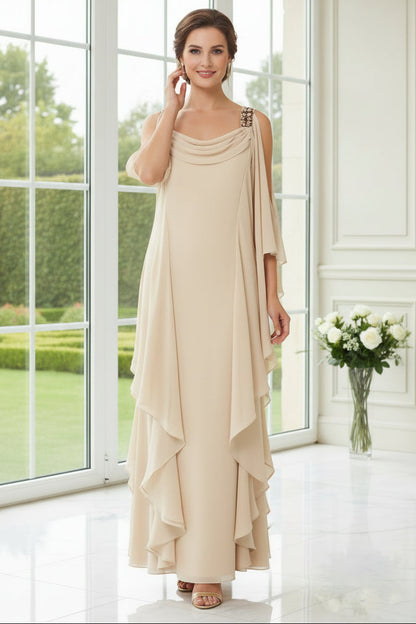 Champagne Chiffon Cape Gown with Beaded Shoulders & Cowl Back