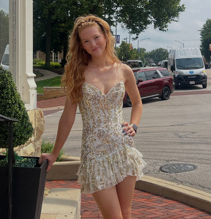 Sequin Floral Spaghetti Strap Mini Dress with Ruffles