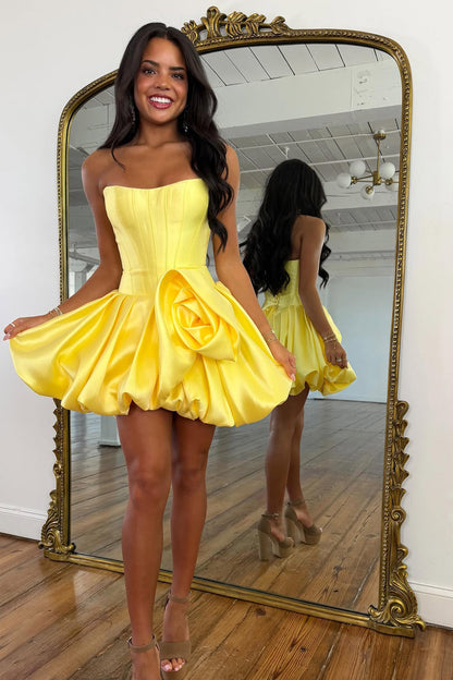 Strapless Corset Bubble Dress with 3D Flower
