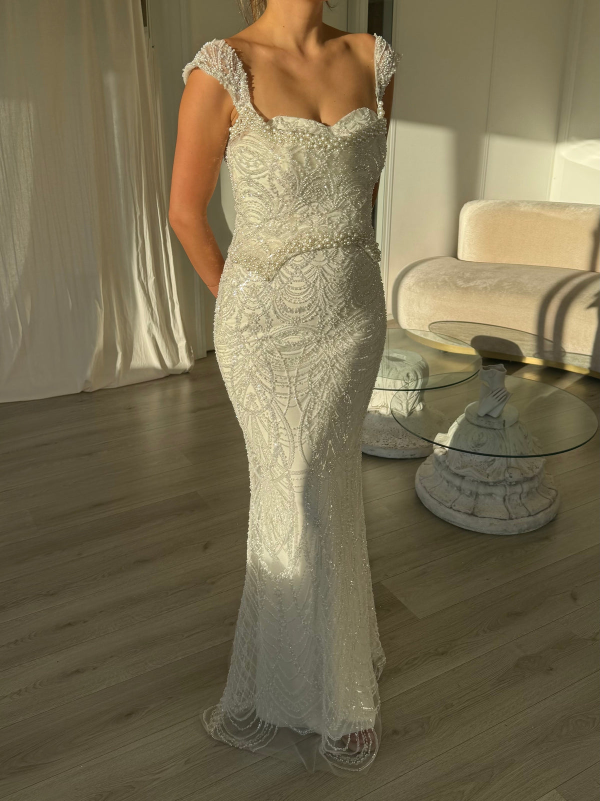 Beaded Pearl Cap-Sleeve Floor-Length Gown