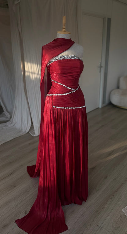 Ruched Column Gown with Draped Cape and Crystal Trim