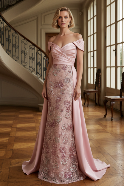 Off-the-Shoulder Satin Gown with Floral Overskirt