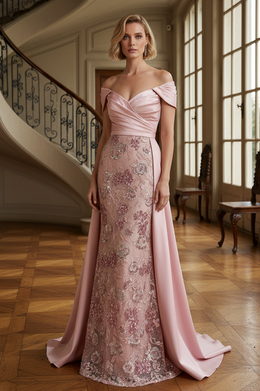 Off-the-Shoulder Satin Gown with Floral Overskirt