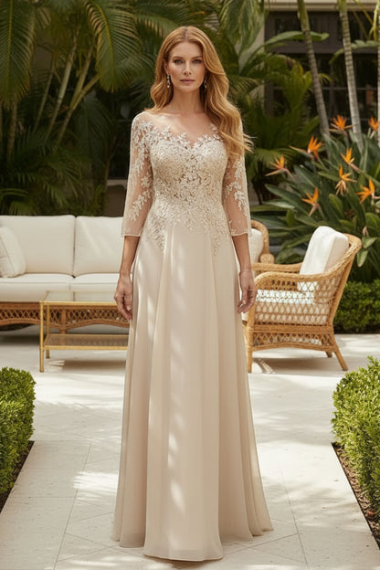 Illusion Lace A-Line Evening Gown with 3/4 Sleeves