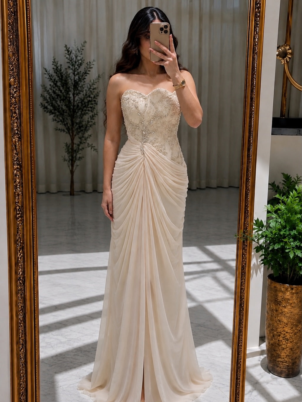 Strapless Embellished Gown with Draped Cape