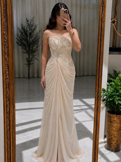 Strapless Embellished Gown with Draped Cape