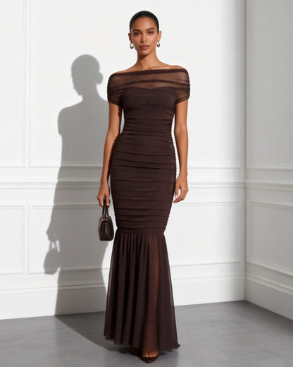 Ruched Off-the-Shoulder Mermaid Evening Gown