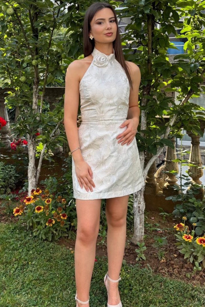 Halter High Neck Jacquard Mini Dress with Flower Detail