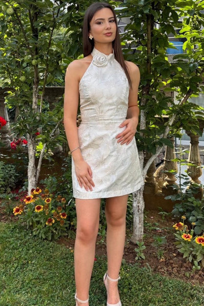 Halter High Neck Jacquard Mini Dress with Flower Detail