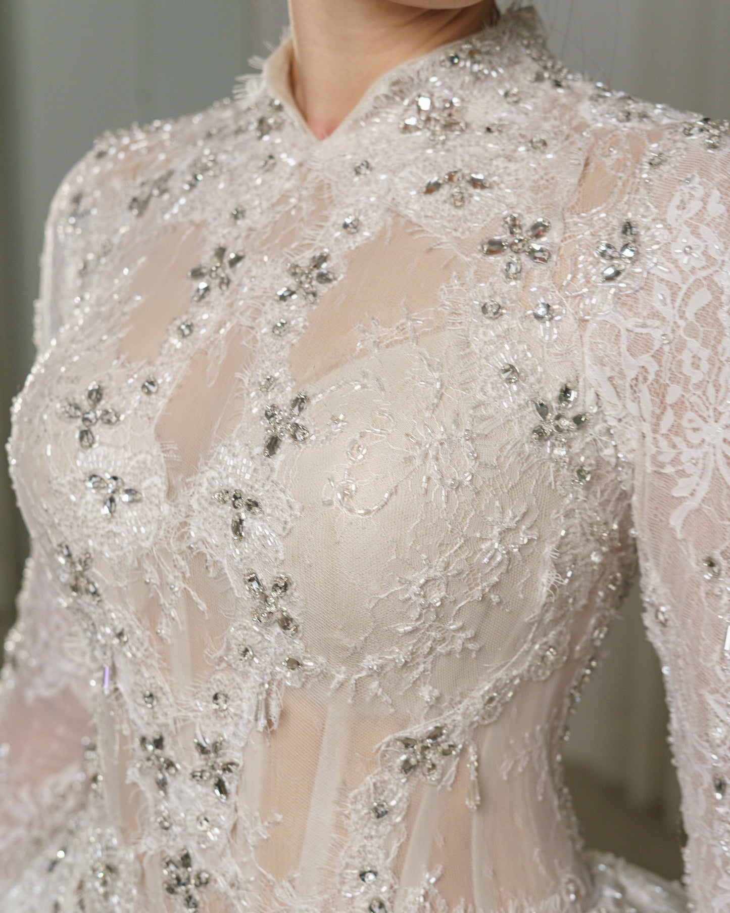 High Neck Long Sleeve Lace Wedding Dress with Overskirt
