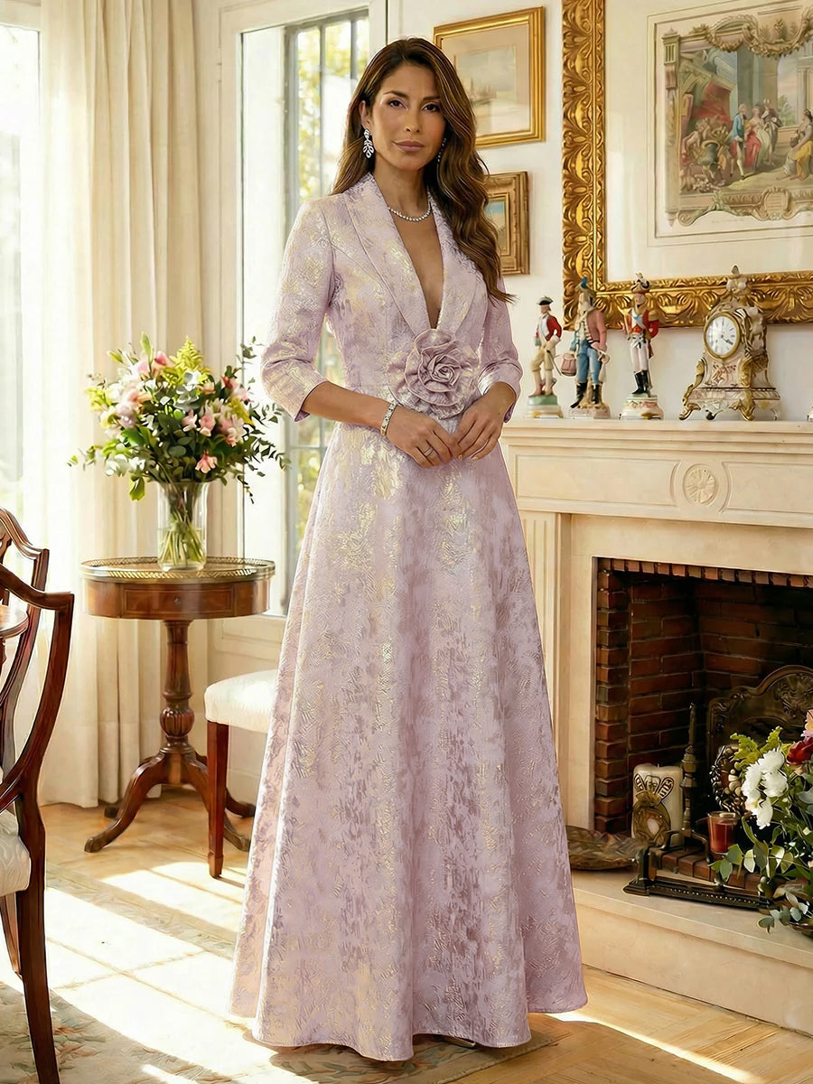 Metallic Jacquard A-Line Evening Gown with 3/4 Sleeves