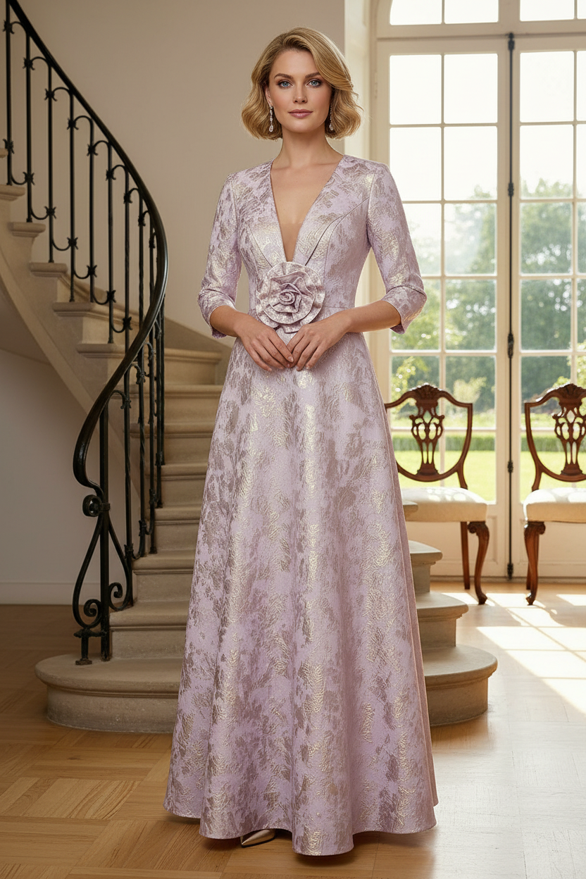 Metallic Jacquard A-Line Evening Gown with 3/4 Sleeves