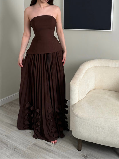 Corset Pleated Evening Gown with Tiered Appliques