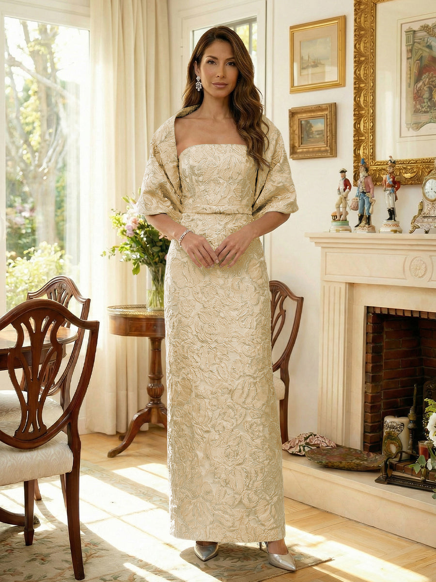 Strapless Jacquard Column Gown with Matching Jacket