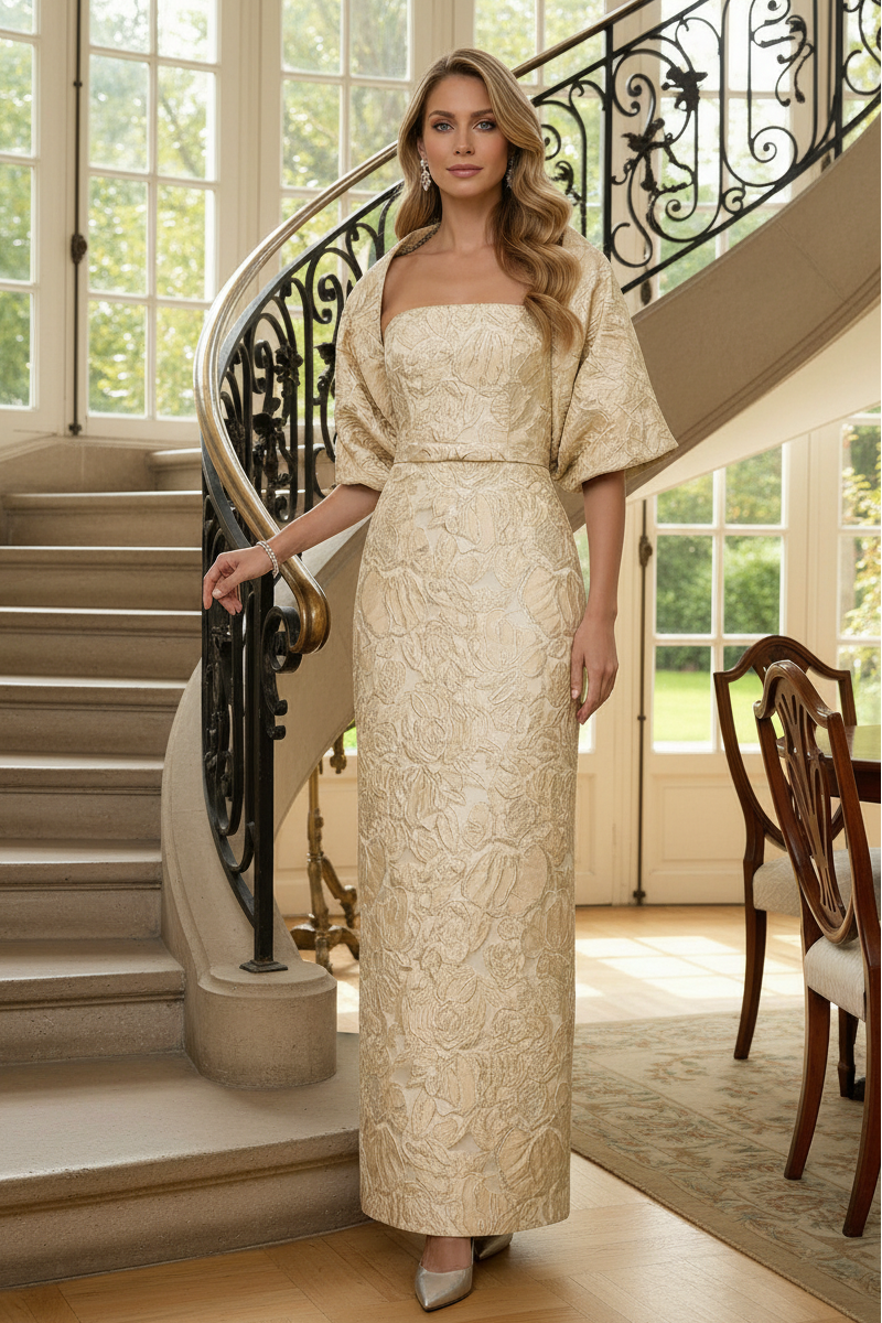 Strapless Jacquard Column Gown with Matching Jacket