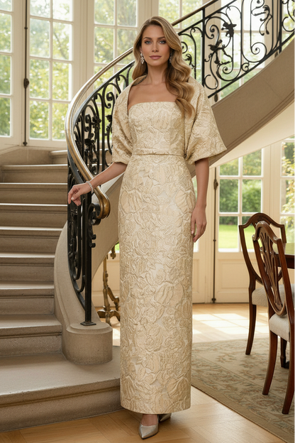 Strapless Jacquard Column Gown with Matching Jacket