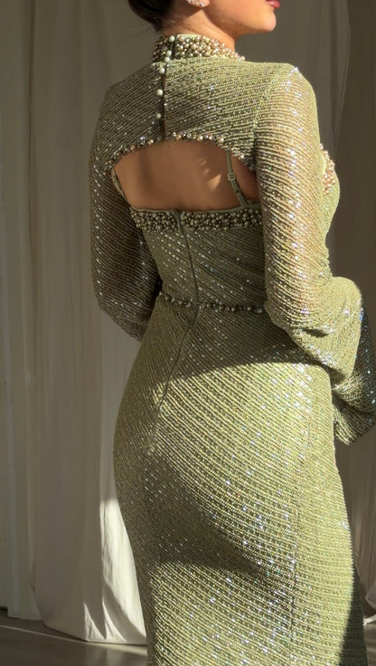 Beaded High Neck Sequin Cutout Evening Gown