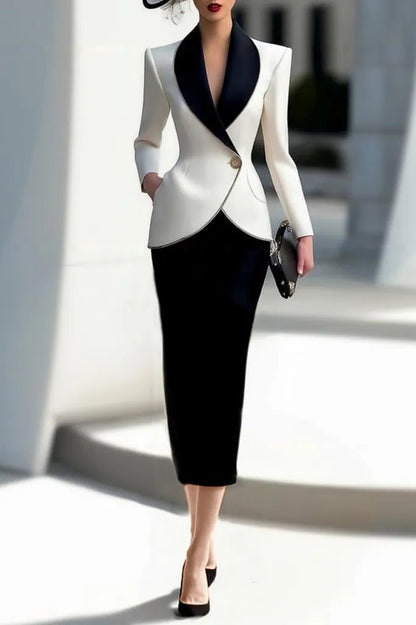 Shawl Lapel Single-Button Blazer and Midi Skirt Set