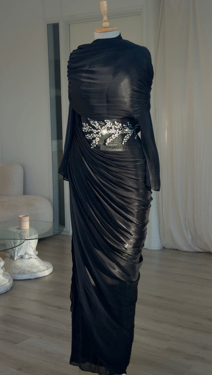 Draped Cowl Maxi Evening Gown with Beaded Waist