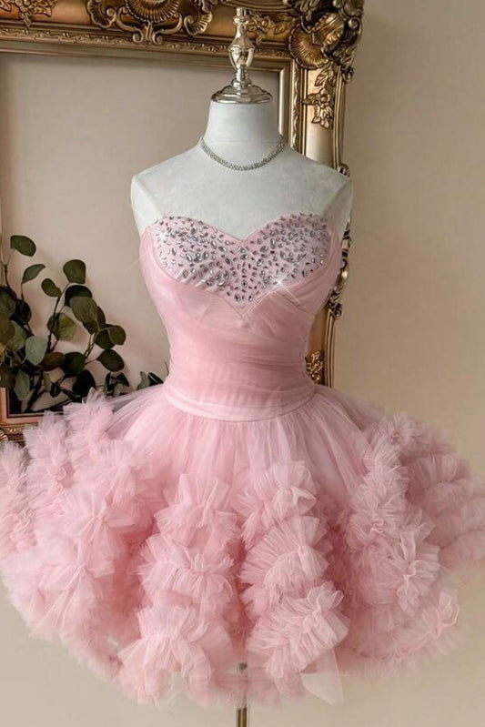 Strapless Sweetheart Corset Ruffled Tulle Mini Dress