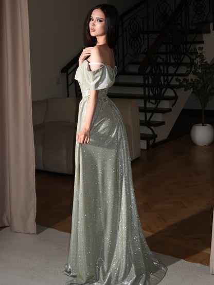 Off-The-Shoulder Corset Glitter Evening Gown
