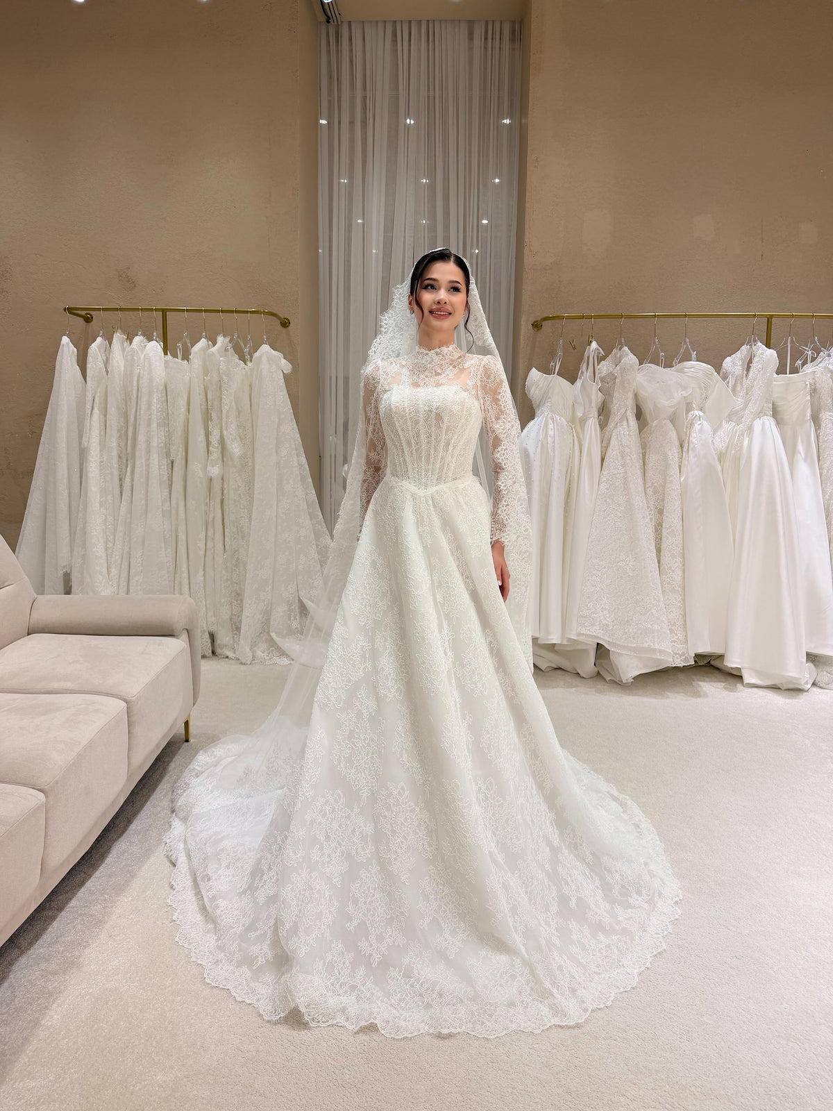 Lace High Neck Long Sleeve Corset Ball Gown Wedding Dress