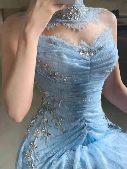 Ruched Lace Gown with Crystal Collar Detail