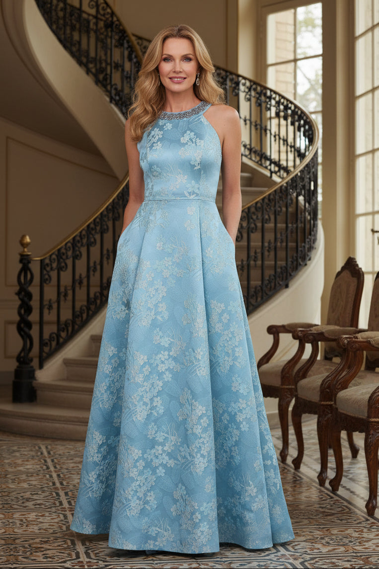 Halter Neck Floral Jacquard A-Line Evening Gown