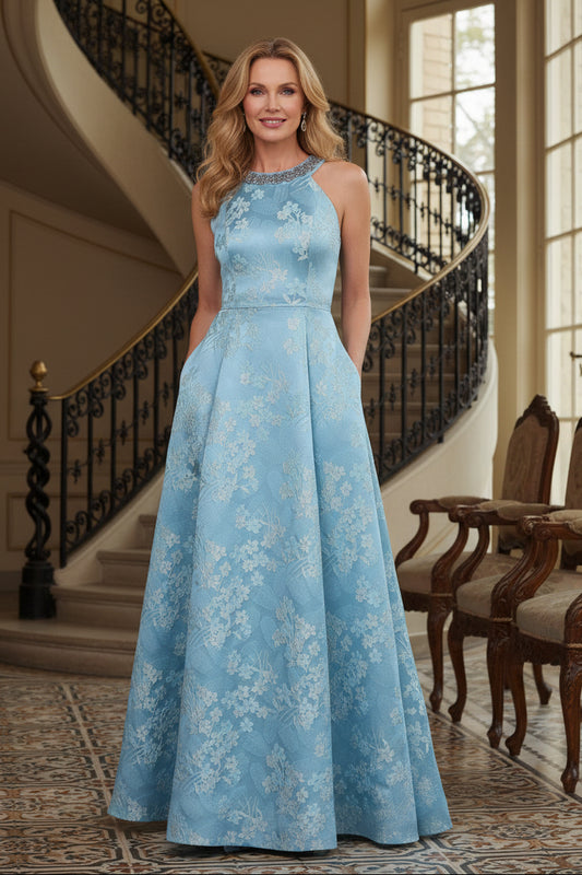Halter Neck Floral Jacquard A-Line Evening Gown
