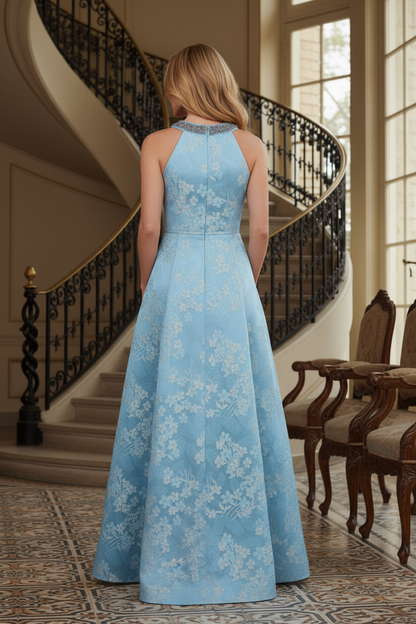 Halter Neck Floral Jacquard A-Line Evening Gown