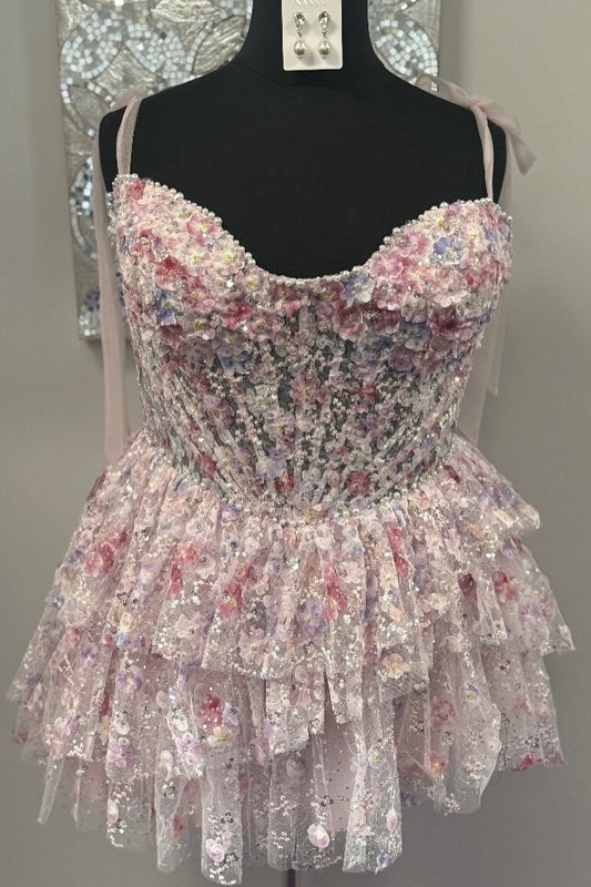 3D Floral Tiered Corset Mini Dress
